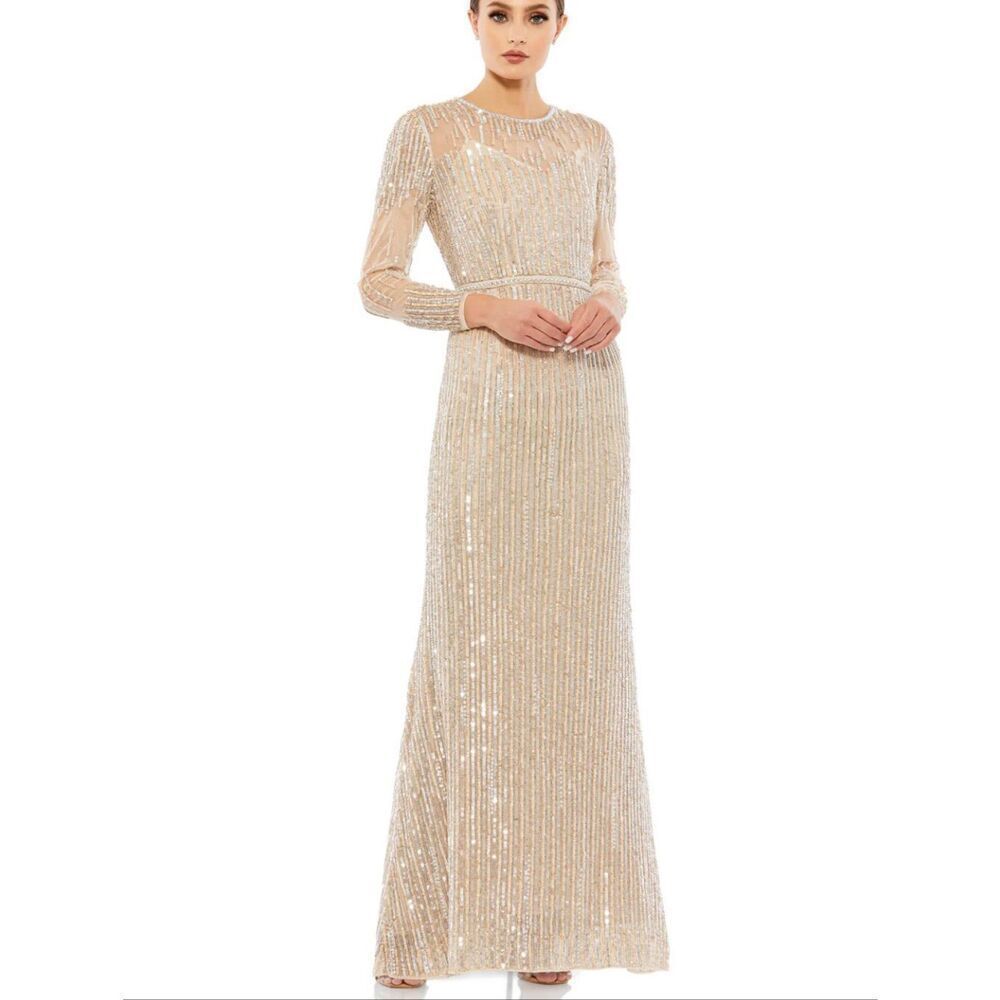 Evening by Mac Duggal Long Sleeve Sequin Dress 93629 Champagne Glam Size 4 NWT